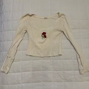 Free People Cream Long Sleeve Top with Red Floral Detail